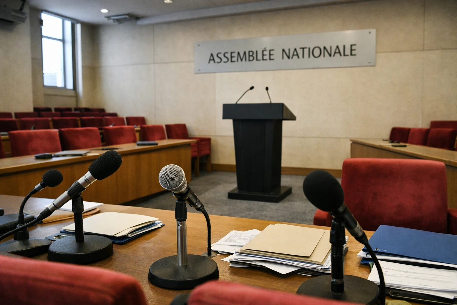 Salle de presse vide à l’Assemblée nationale avec micros et pupitre, illustrant les tensions autour de la présidentielle 2027.