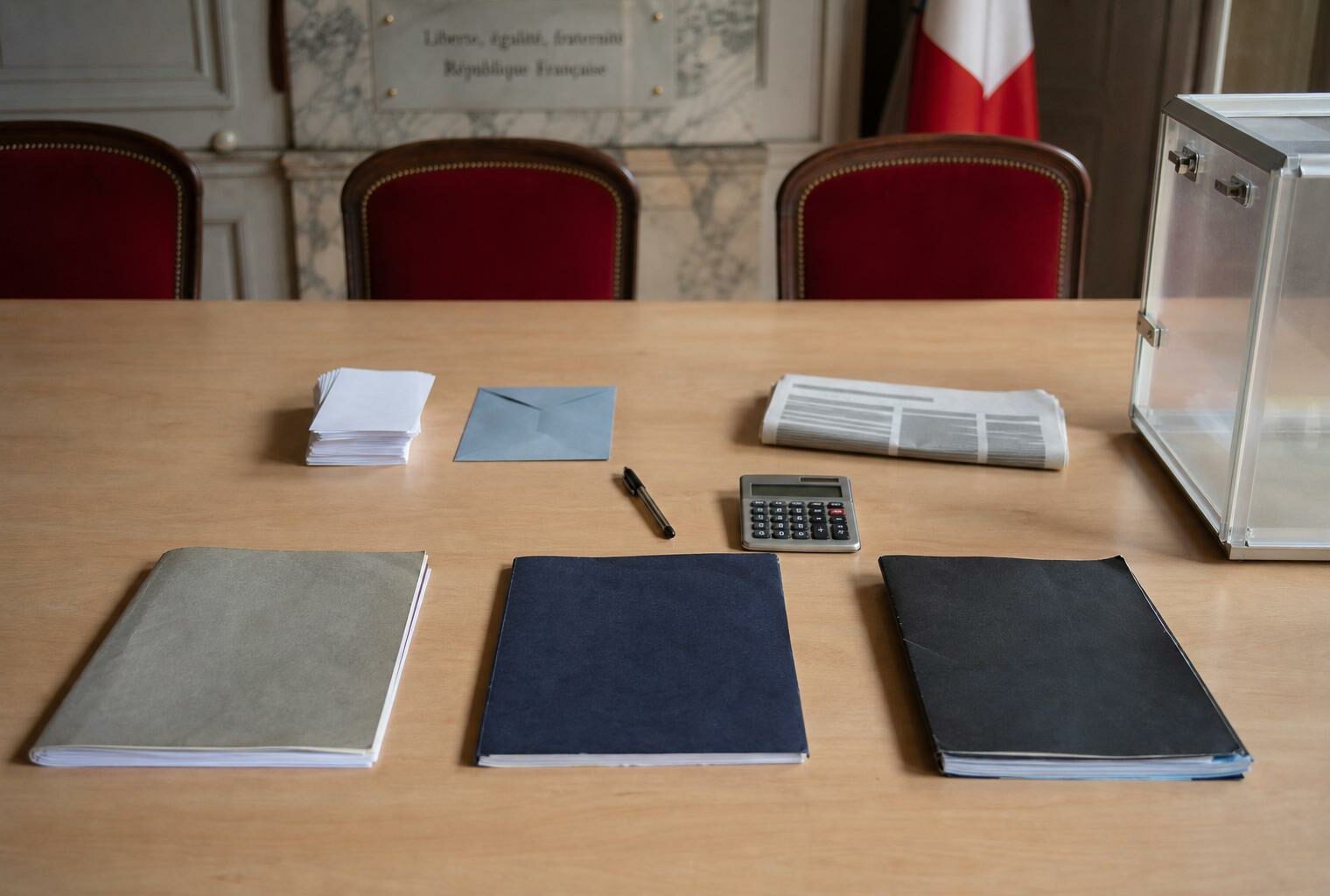 Vue en plongée d’une table de campagne dans une salle institutionnelle française, avec dossiers anonymes, bulletins et urne transparente.