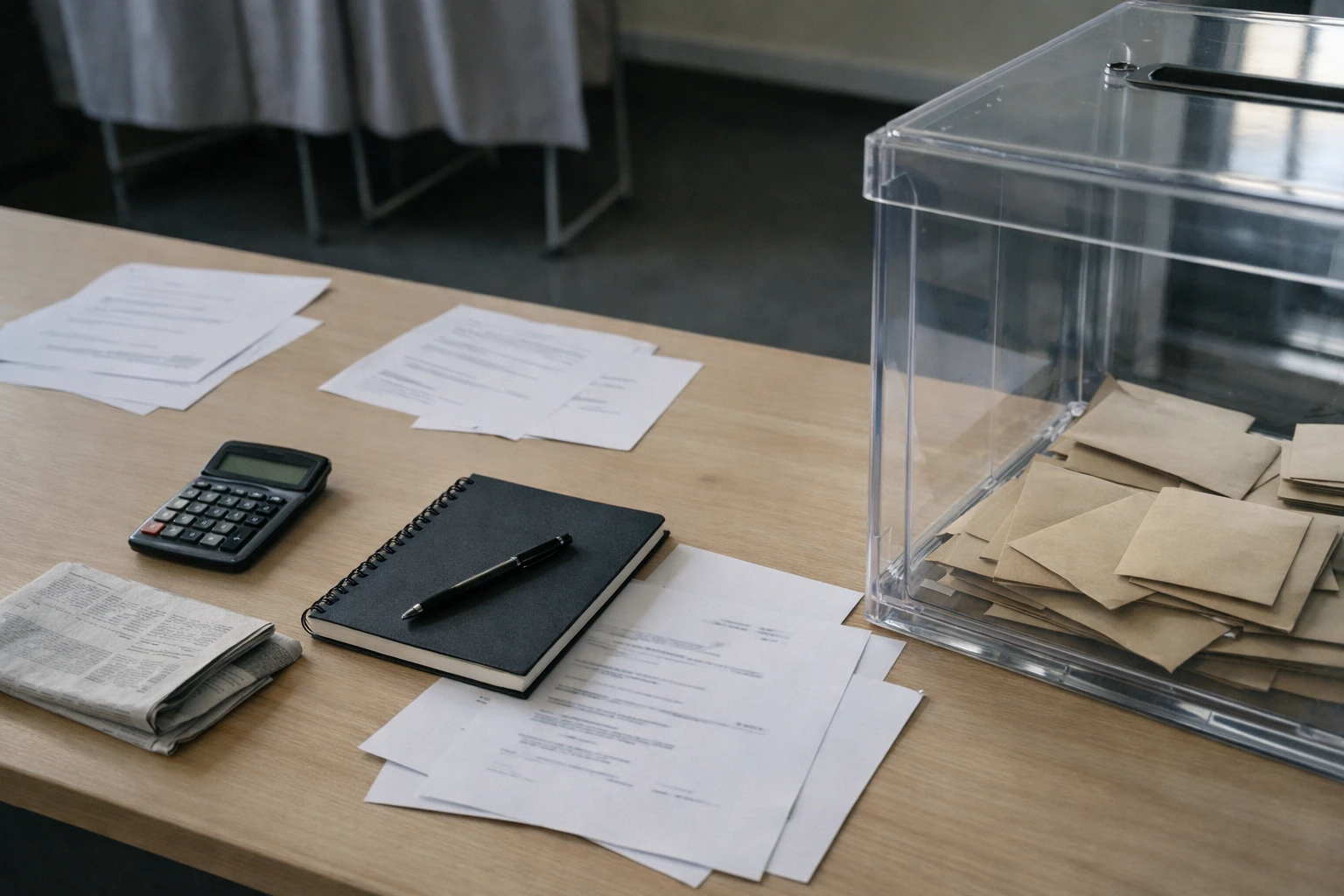 Vue plongeante d’un bureau de campagne électorale avec urne transparente, papiers flous et ambiance journalistique neutre.