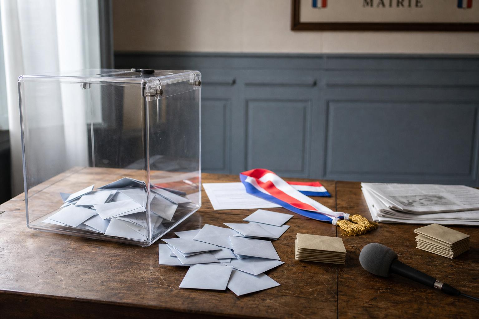 Vue en plongée d’un bureau de vote français avec urne transparente, bulletins flous et écharpe tricolore, en style photojournalistique éditorial.