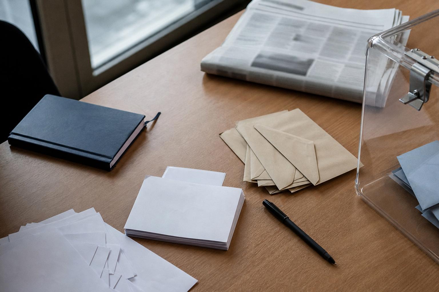 Vue plongeante d’un bureau de campagne avec bulletins blancs, enveloppes de vote et urne transparente pour illustrer la présidentielle 2027.