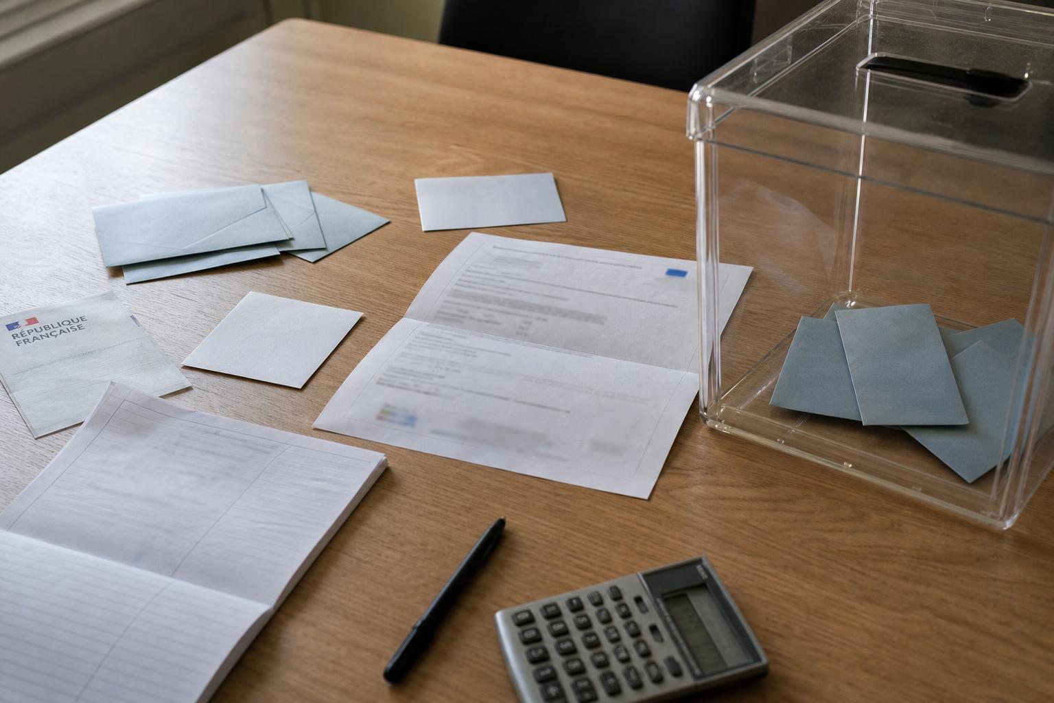 Vue en plongée d’un bureau de campagne avec urne transparente, bulletins de vote et documents flous sur fond neutre