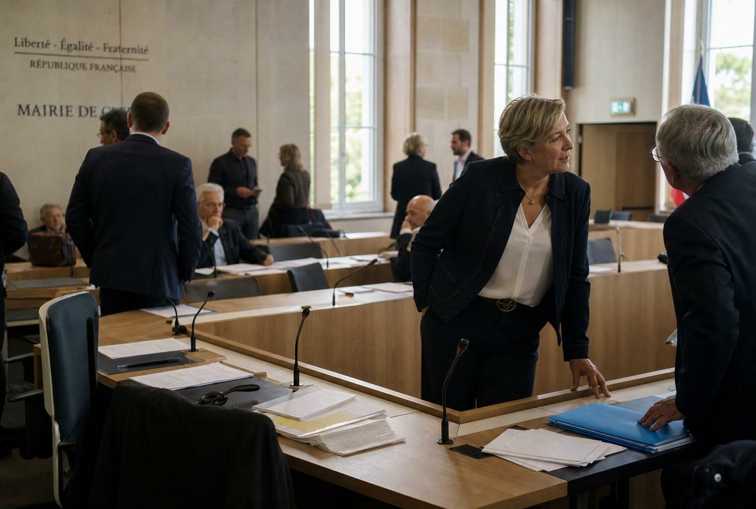 Salle municipale française avec chaise vide, micros et dossiers flous lors d’une réunion politique locale.