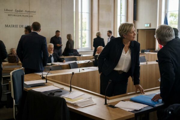Salle municipale française avec chaise vide, micros et dossiers flous lors d’une réunion politique locale.