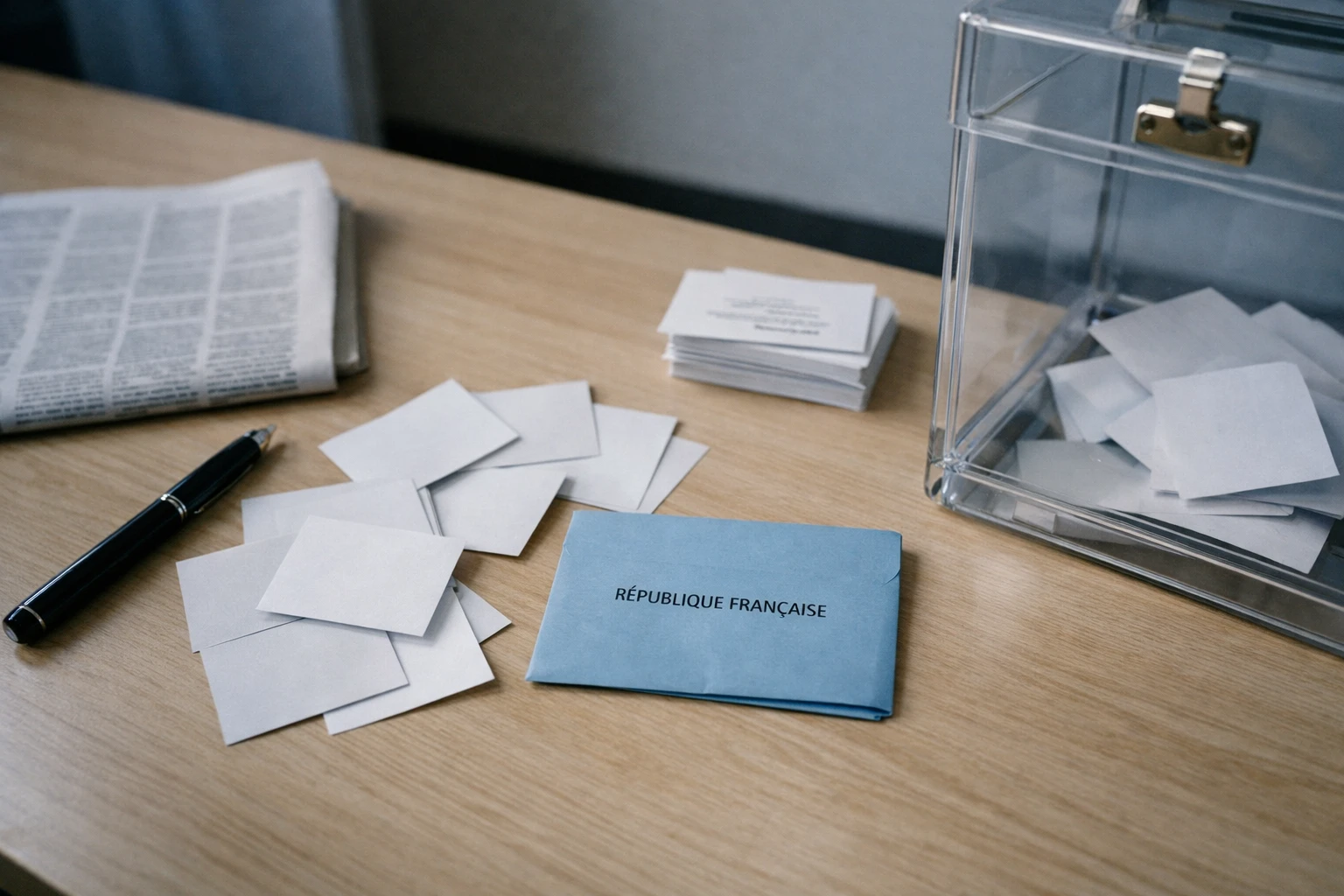 Vue de bureau politique avec bulletins anonymes, enveloppe scellée et urne de vote transparente dans un intérieur français