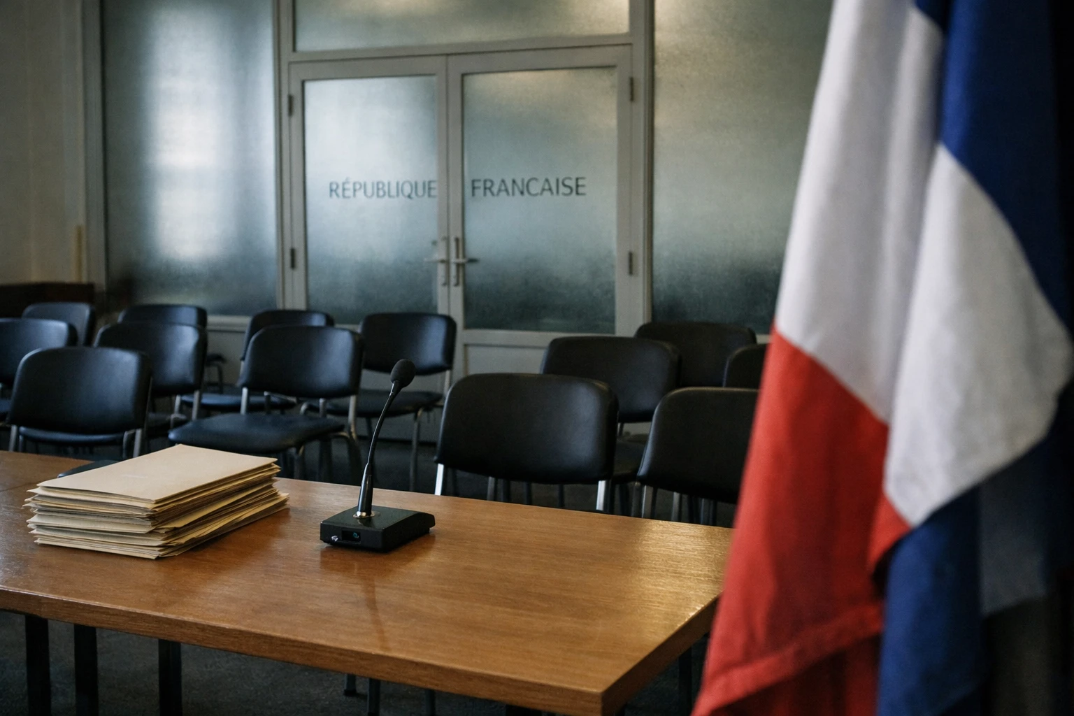 Salle politique vide avec micros, dossiers et drapeau tricolore discret illustrant le débat sur l’élargissement de la gauche