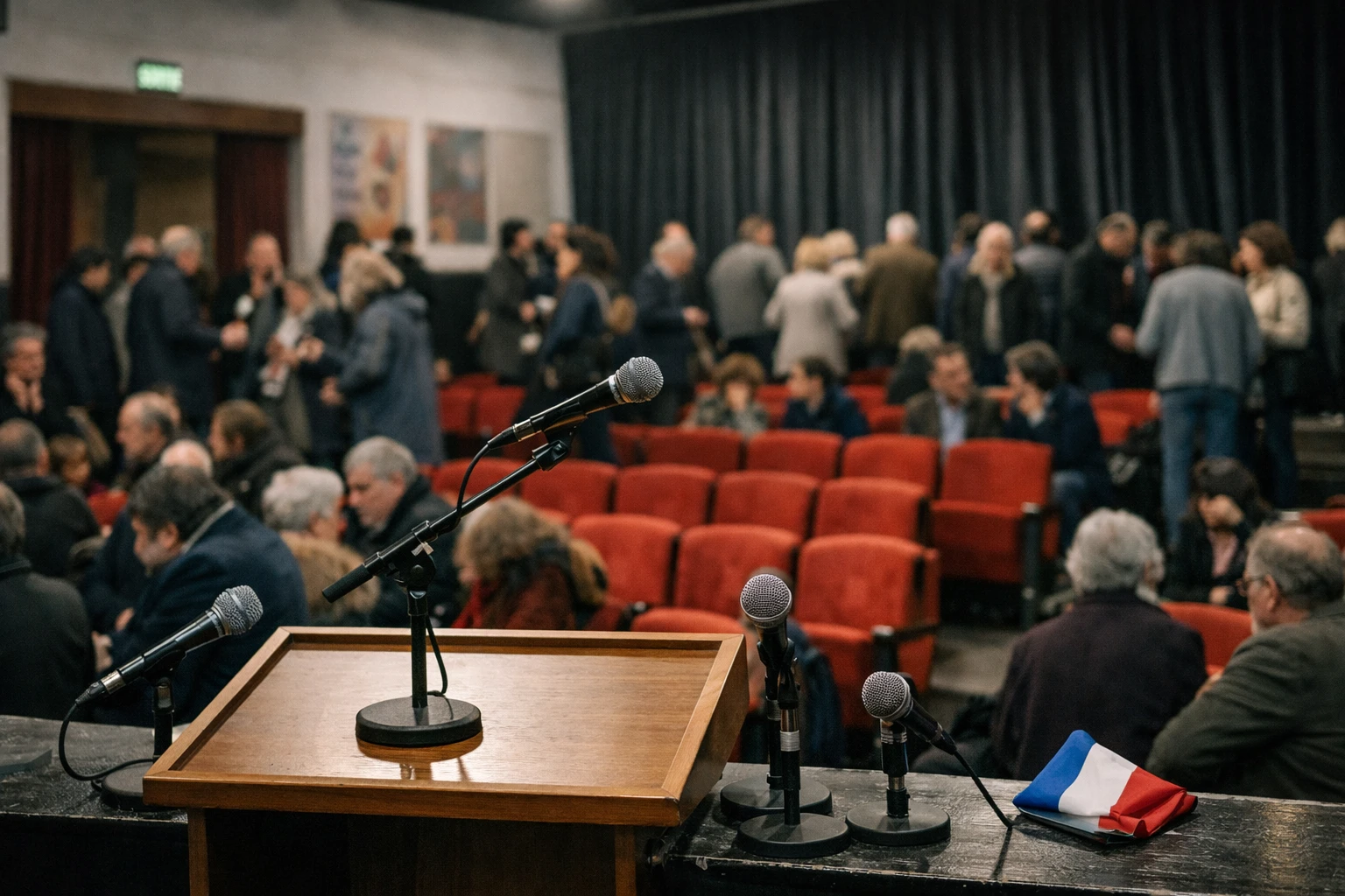 Meeting politique à Paris avec une scène de débat, micros de presse et sièges rouges dans une salle culturelle.