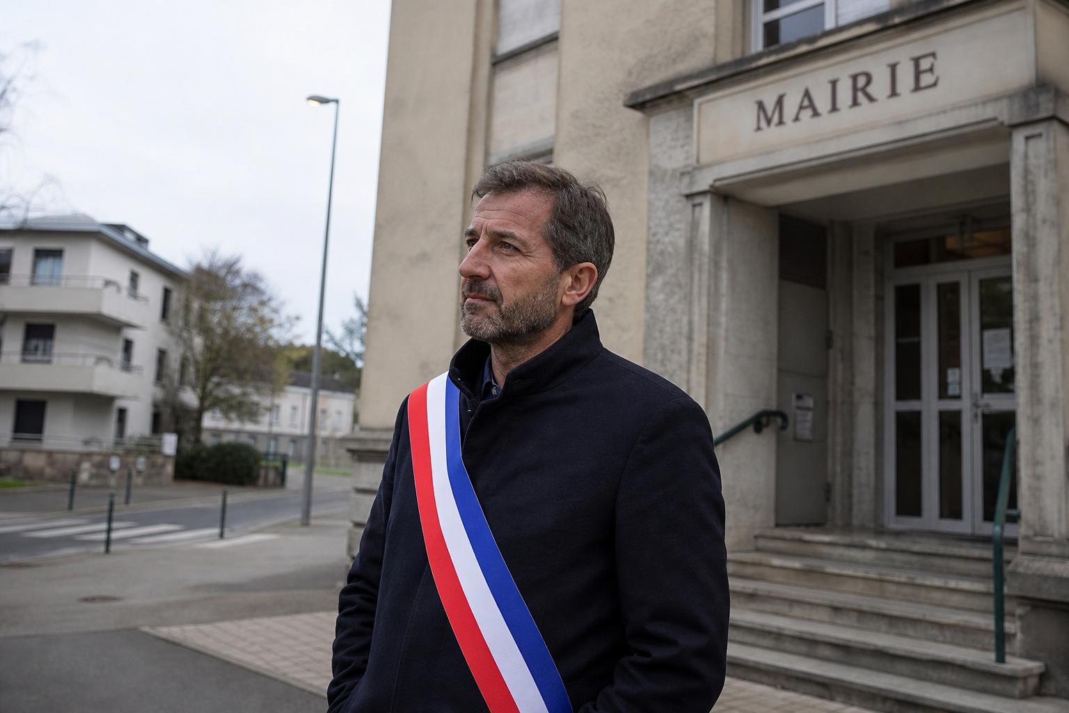 Un élu local devant une mairie de banlieue, sur fond de quartier urbain, pour illustrer la primaire à gauche et la lutte contre le narcotrafic.