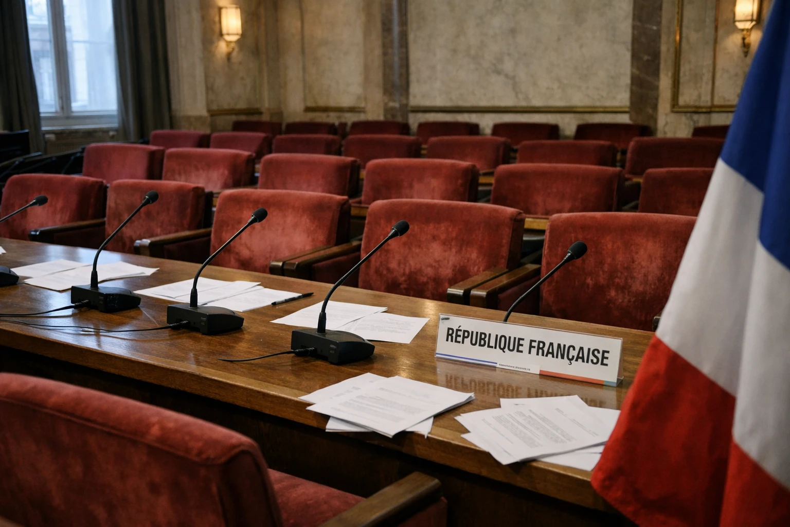 Salle politique française vide avec micros, sièges rouges et drapeau tricolore partiel, en attente d’une primaire présidentielle.