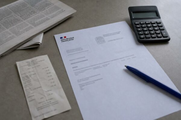 Vue de bureau avec documents administratifs, calculatrice et reçu de carburant pour illustrer la prime carburant des salariés.