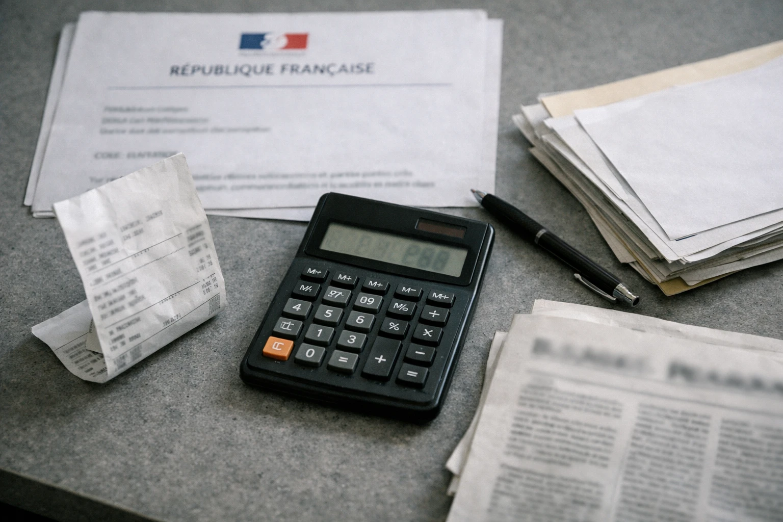 Flat lay éditorial sur les carburants avec documents officiels français, calculatrice et ticket de caisse flou.