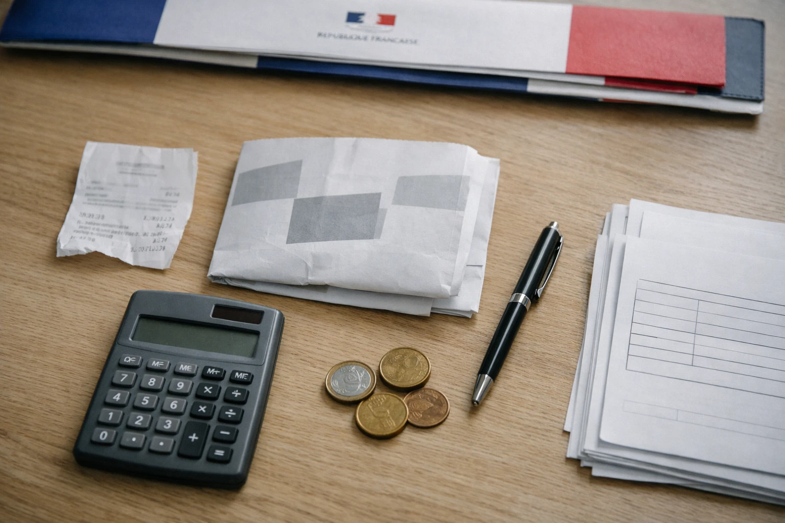 Vue de dessus d’un bureau de travail sur les carburants avec calculatrice, reçu flouté et document institutionnel français
