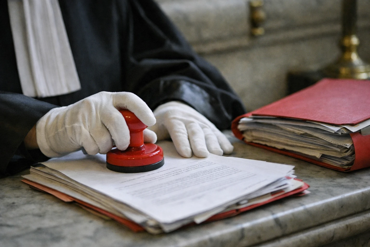 Gros plan photojournalistique d’un dossier judiciaire et d’un tampon officiel au palais de justice de Paris
