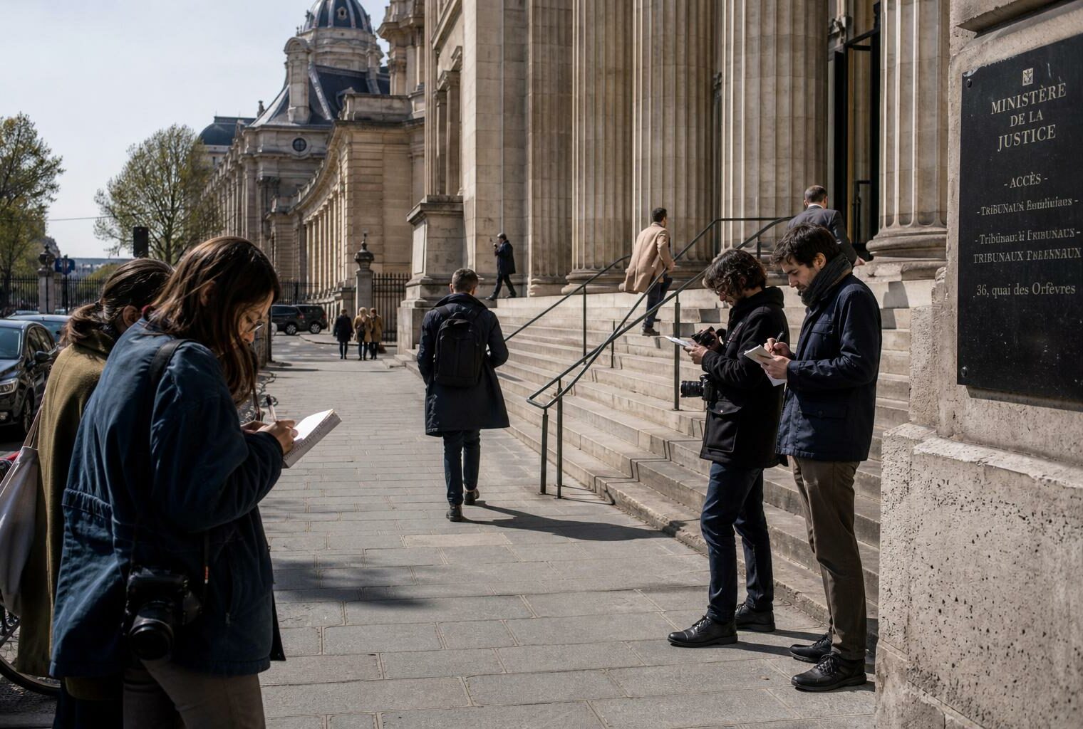 Journalistes et passants devant le palais de justice de Paris lors d’une audience en appel