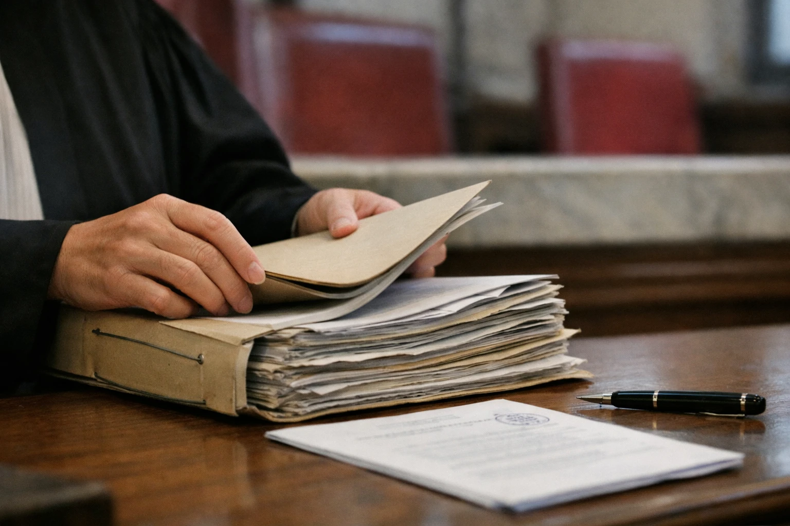 Close-up of a French courtroom with legal files, a judge’s robe and red velvet seats during a political-finance trial