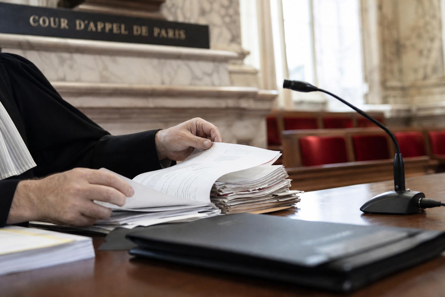 Dossier judiciaire consulté dans une salle d’audience de la cour d’appel de Paris, lors du procès sur le financement libyen présumé de la campagne de Nicolas Sarkozy.