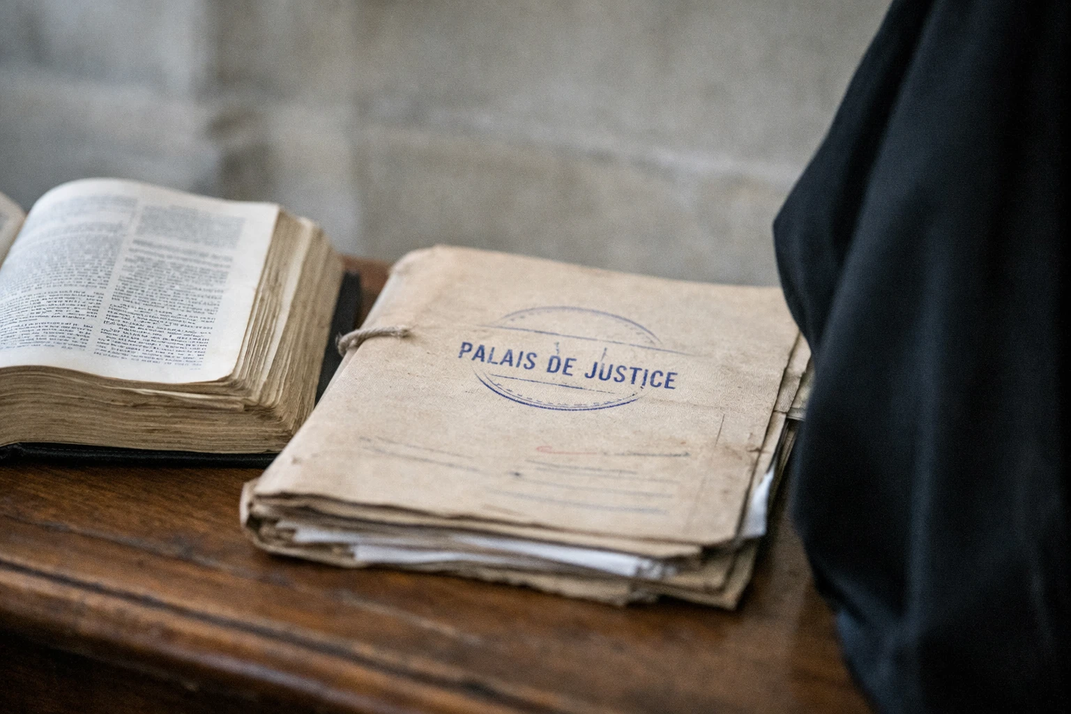 Gros plan photojournalistique sur un code pénal ouvert dans un palais de justice parisien, pour illustrer les réquisitions du parquet dans le procès Sarkozy.