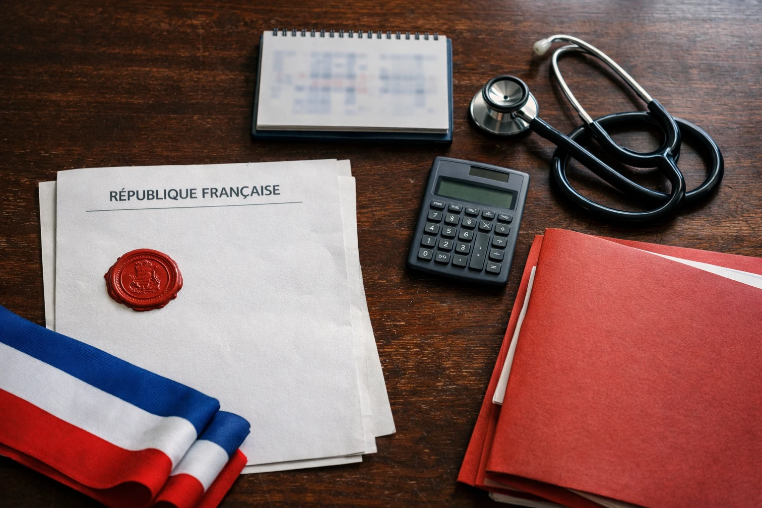 Vue de dessus d’un bureau institutionnel français avec dossier santé, stéthoscope, sceau officiel et écharpe tricolore pliée.