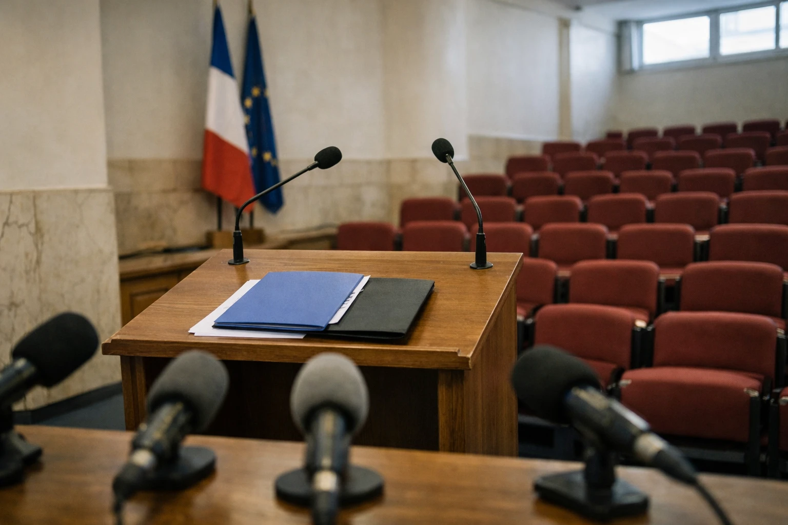 Salle de presse politique française vide avec pupitre et micros, illustrant la fracture interne du PS.