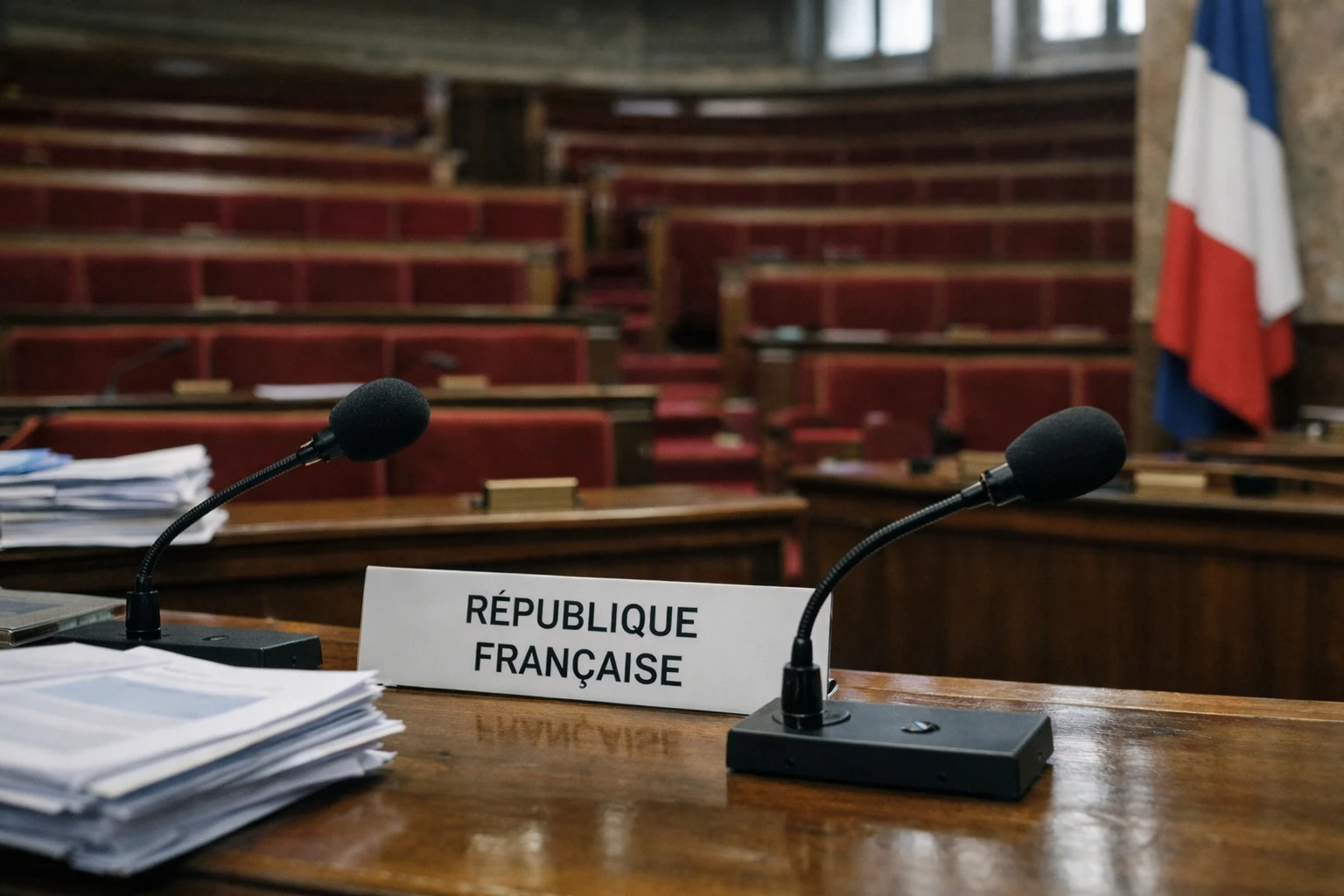Salle parlementaire vide avec pupitre, micros et sièges rouges, illustrant la tension interne au Parti socialiste