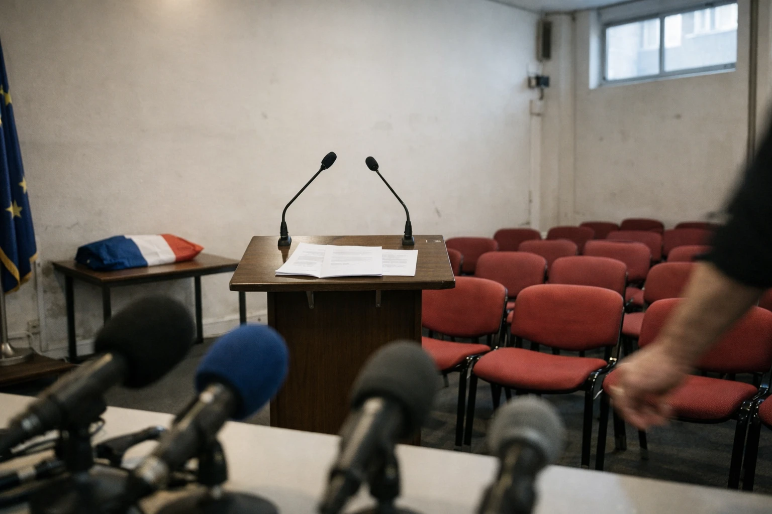 Salle de presse politique vide avec pupitre, micros et sièges rouges, ambiance de tension interne au PS.