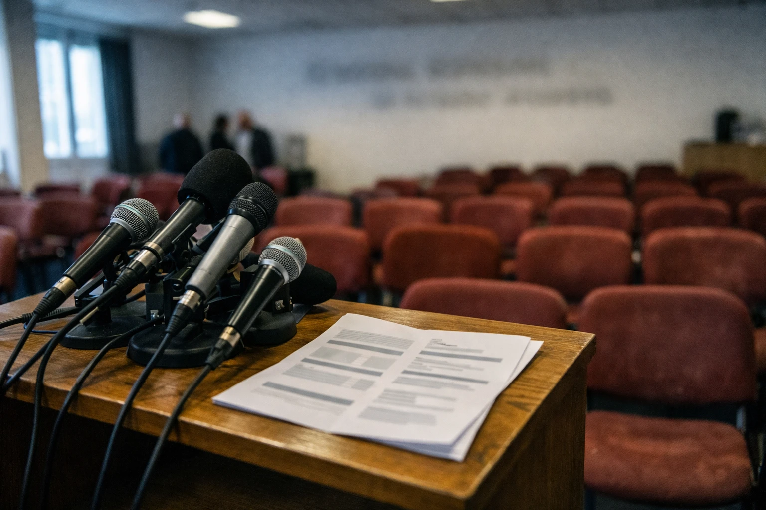 Salle de presse politique vide avec pupitre, micros et rangées de chaises rouges dans un siège parisien du PS