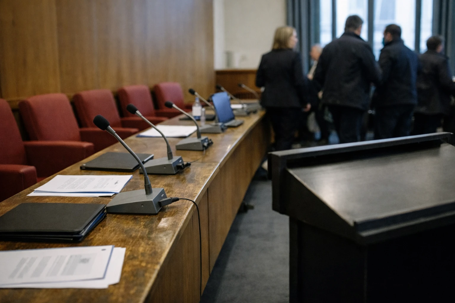 Salle de réunion politique française avec chaises rouges, micros et dossiers anonymes, illustrant la crise interne du PS