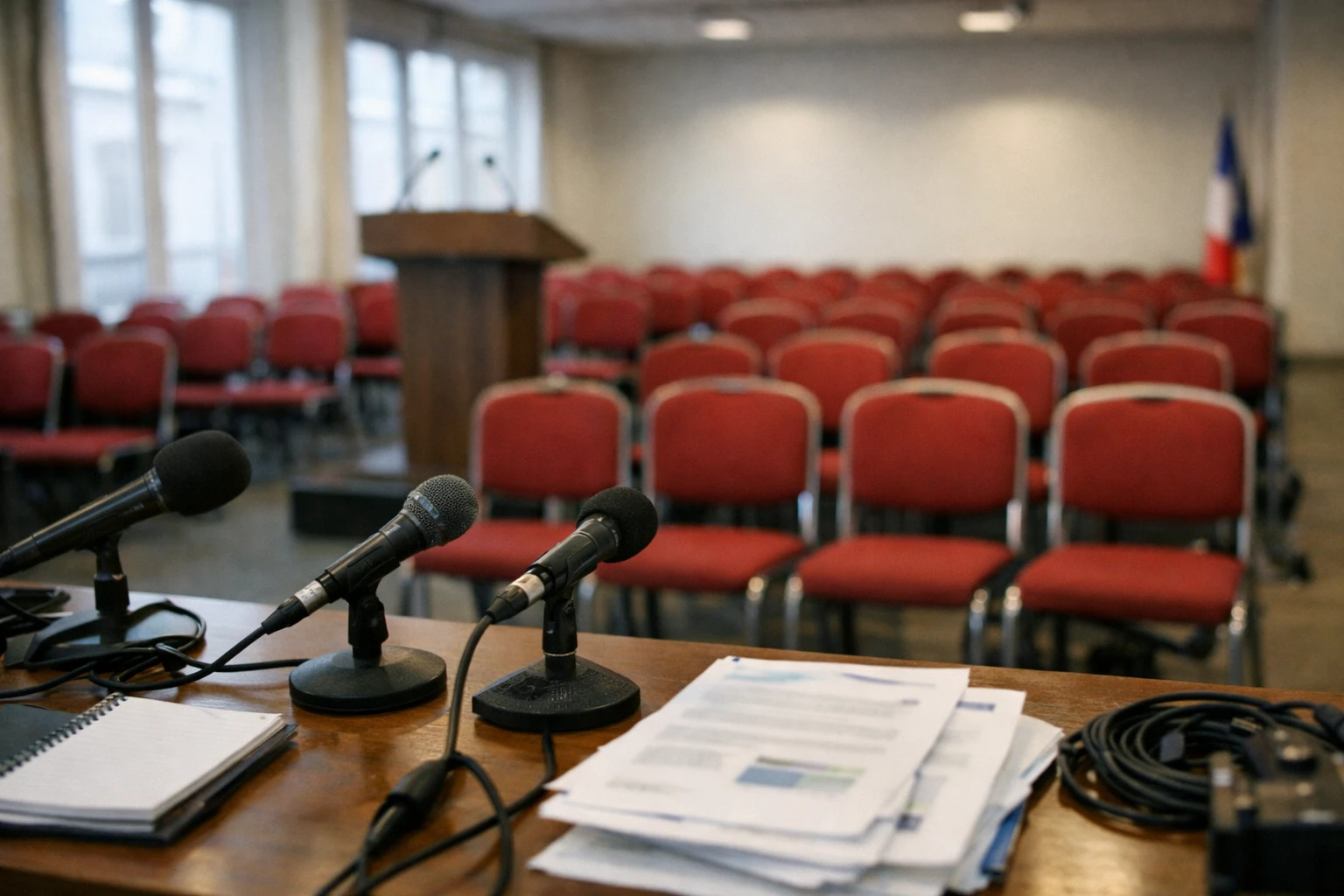 Salle de presse vide dans un siège politique parisien avec micros et rangées de sièges rouges