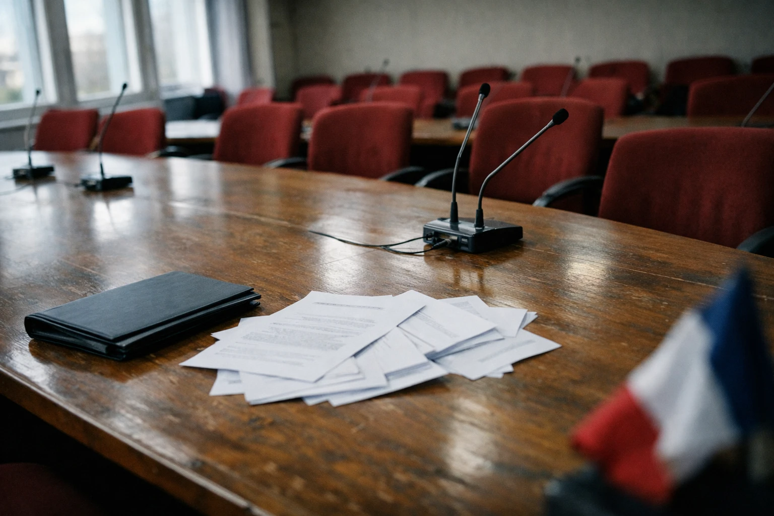 Salle de réunion politique vide avec micros et dossiers, illustrant la fracture interne du PS avant la présidentielle 2027