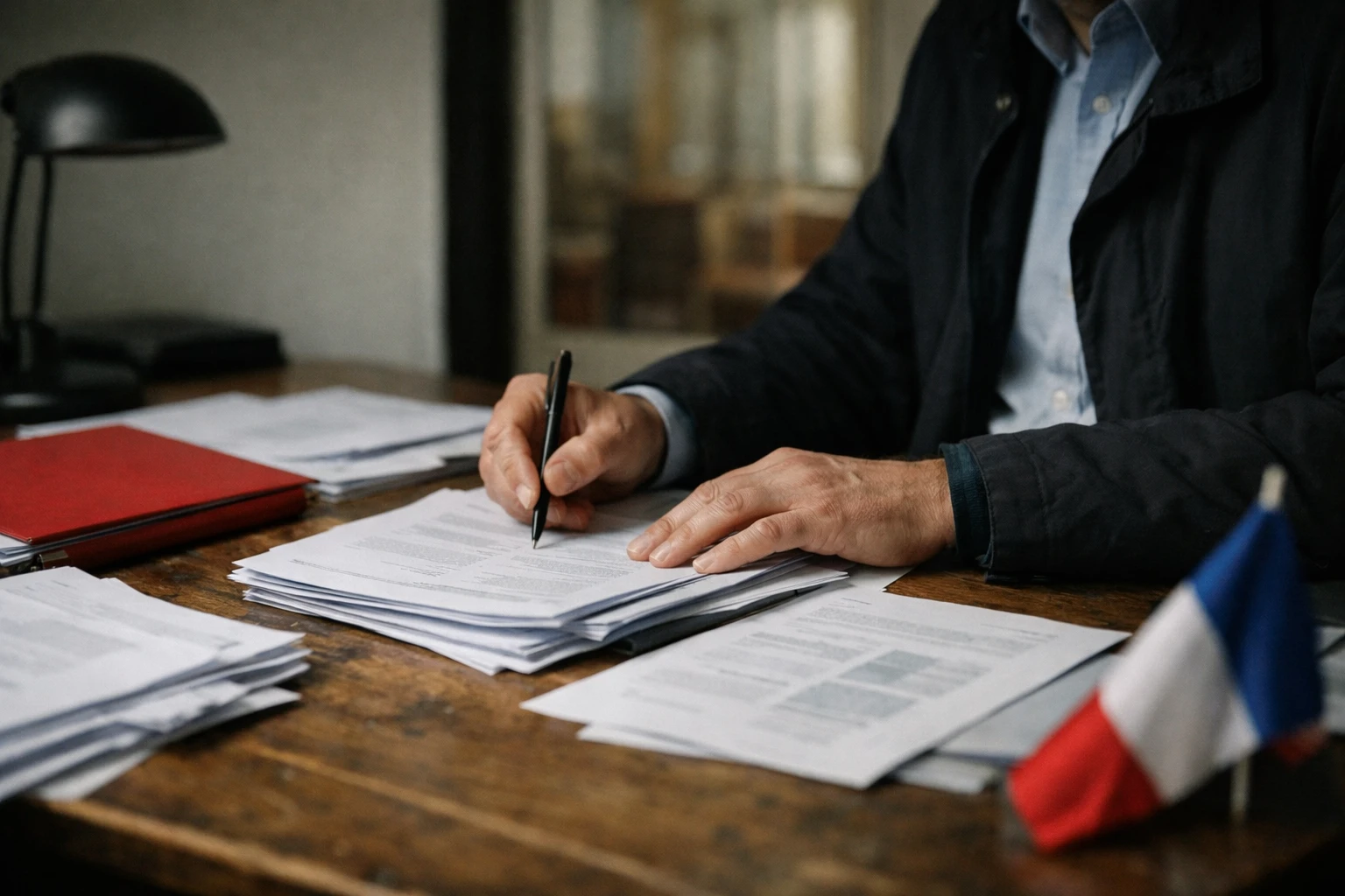 Anonymous political strategist reviewing policy papers in a Paris office, with a folded French flag in the background.
