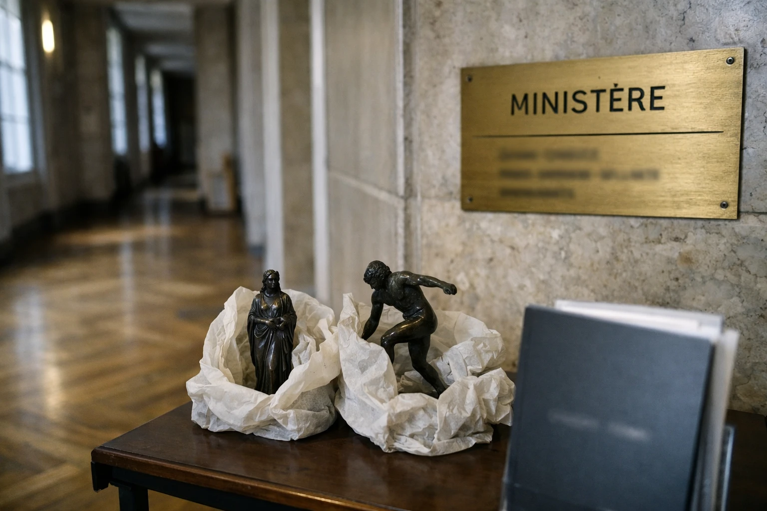 Intérieur du Quai d’Orsay avec deux statuettes posées sur une table de don, dans une ambiance institutionnelle et journalistique.