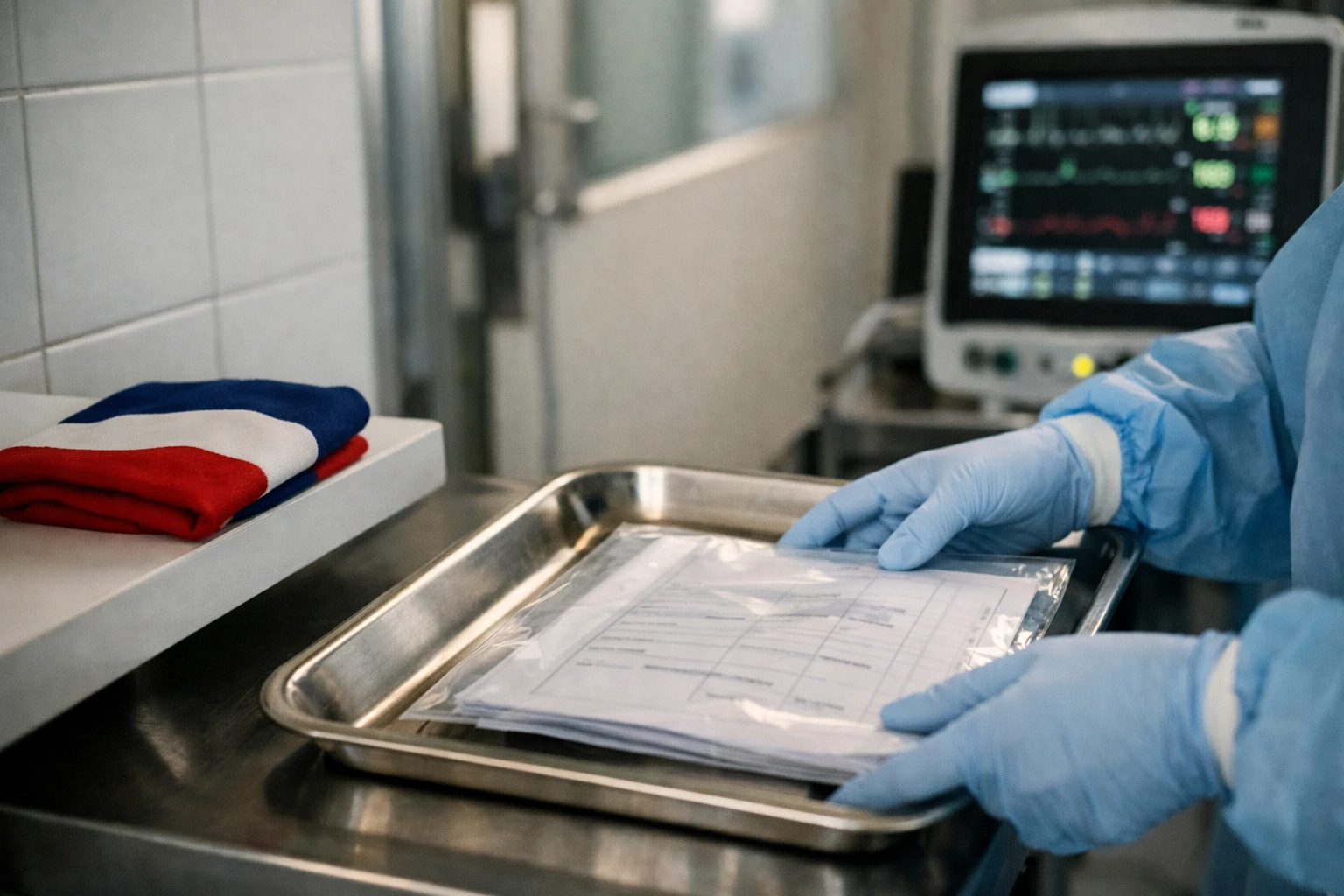 Scène photojournalistique dans une unité d’isolement hospitalière française avec soignant en tenue de protection et dossier médical flou