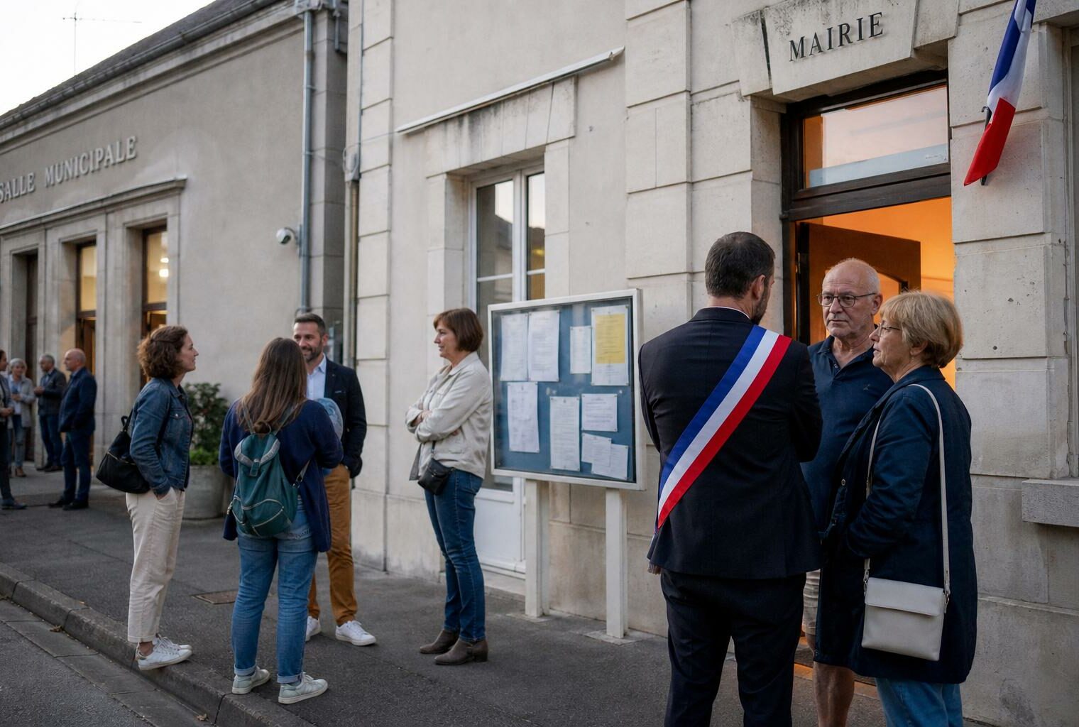 Devant une mairie de province, des habitants échangent avec un élu lors d’une réunion locale en lumière du jour.