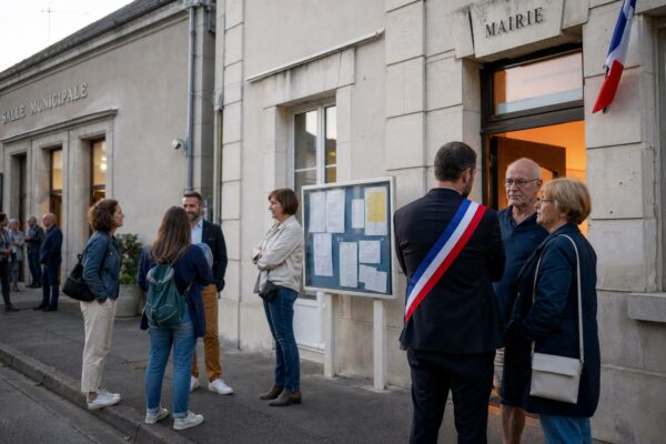 Devant une mairie de province, des habitants échangent avec un élu lors d’une réunion locale en lumière du jour.