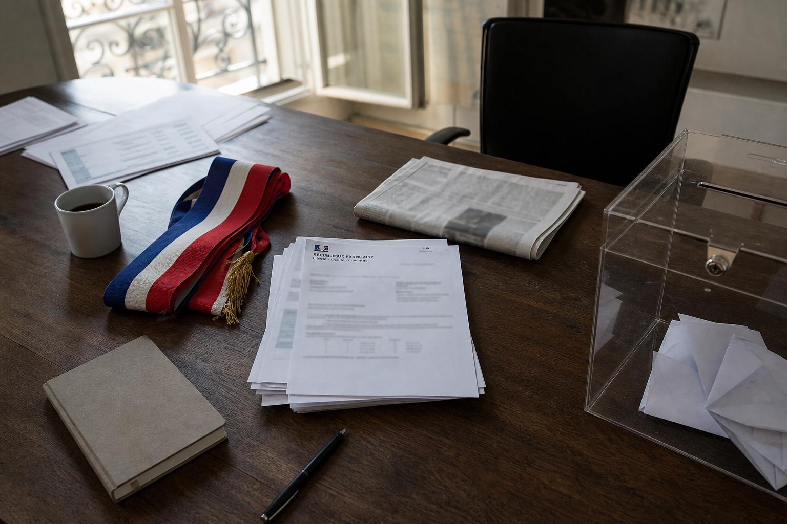 Flat lay photojournalistique d’un bureau de stratégie de campagne avec écharpe tricolore, urne transparente et documents flous
