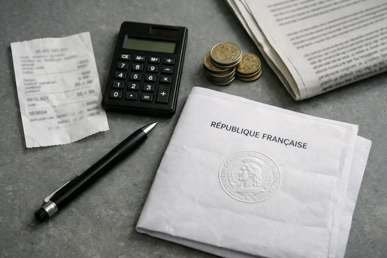 Vue en plongée d’un bureau administratif avec facture de carburant, calculatrice et document officiel français flouté