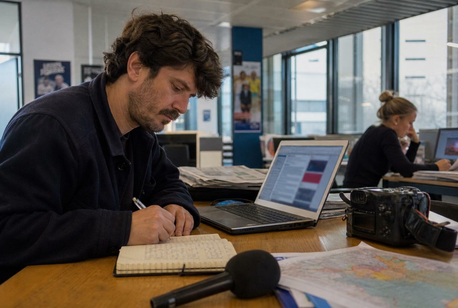 Journaliste en rédaction préparant une analyse politique, carnet ouvert, micro sans logo et carte papier floue.