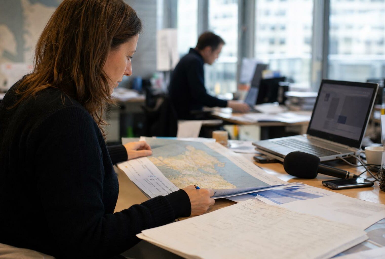 Journaliste en rédaction préparant un sujet sur l’accord UE–Mexique avec carnet, carte floue et micro sans logo.