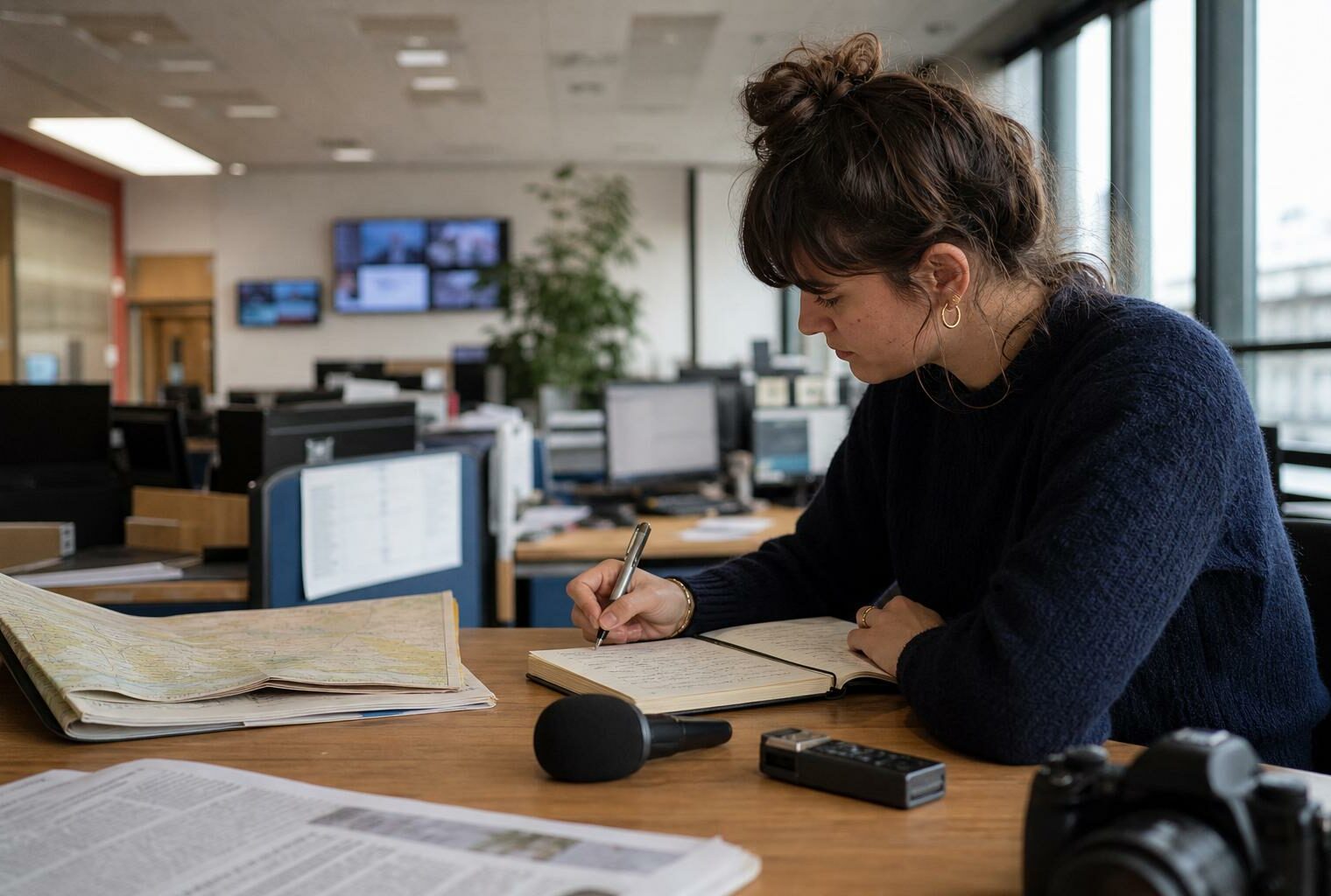 Journaliste en rédaction préparant un sujet sur la canicule au travail avec carnet, micro et écran flou.