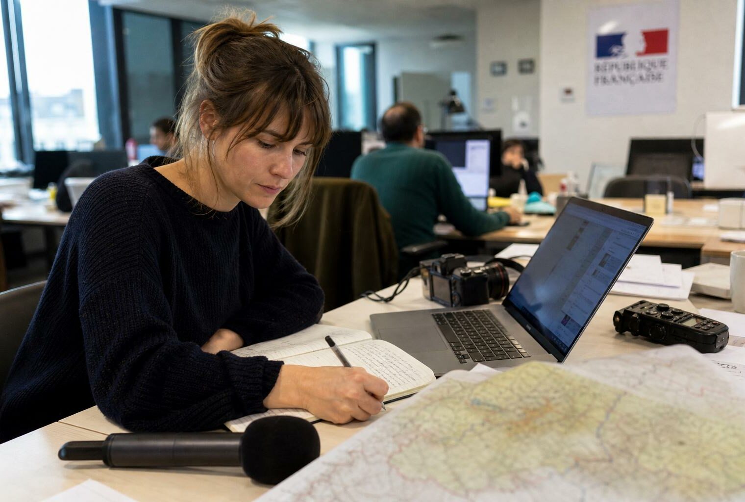 Journaliste en rédaction préparant un sujet territorial avec carnet, micro sans logo et carte papier floue.