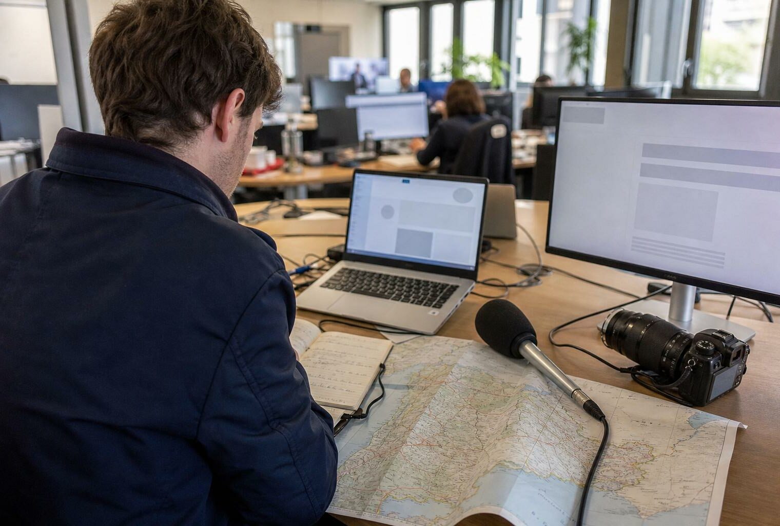 Journaliste en rédaction locale préparant un sujet politique territorial avec carnet, micro et carte floue