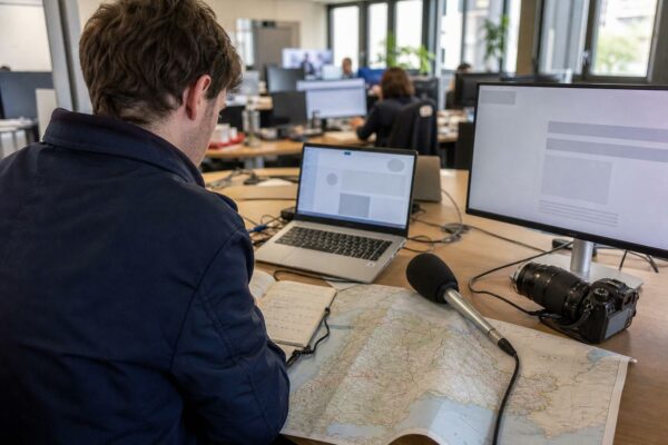 Journaliste en rédaction locale préparant un sujet politique territorial avec carnet, micro et carte floue