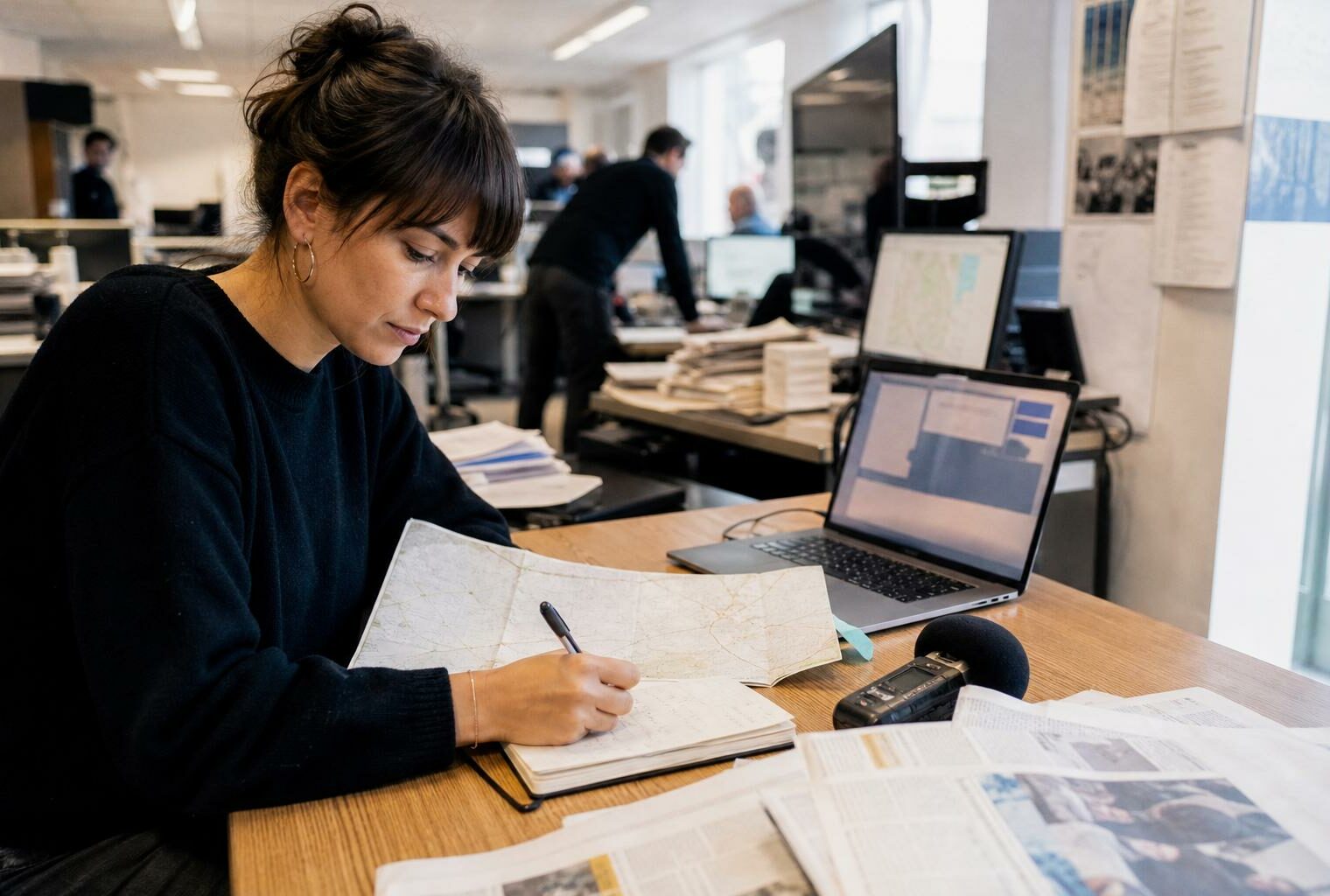 Journaliste en rédaction locale préparant un sujet politique avec carnet, carte papier et micro, sous une lumière claire.