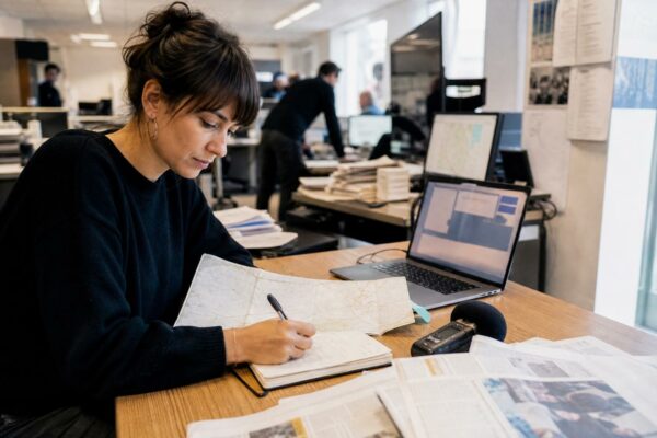 Journaliste en rédaction locale préparant un sujet politique avec carnet, carte papier et micro, sous une lumière claire.