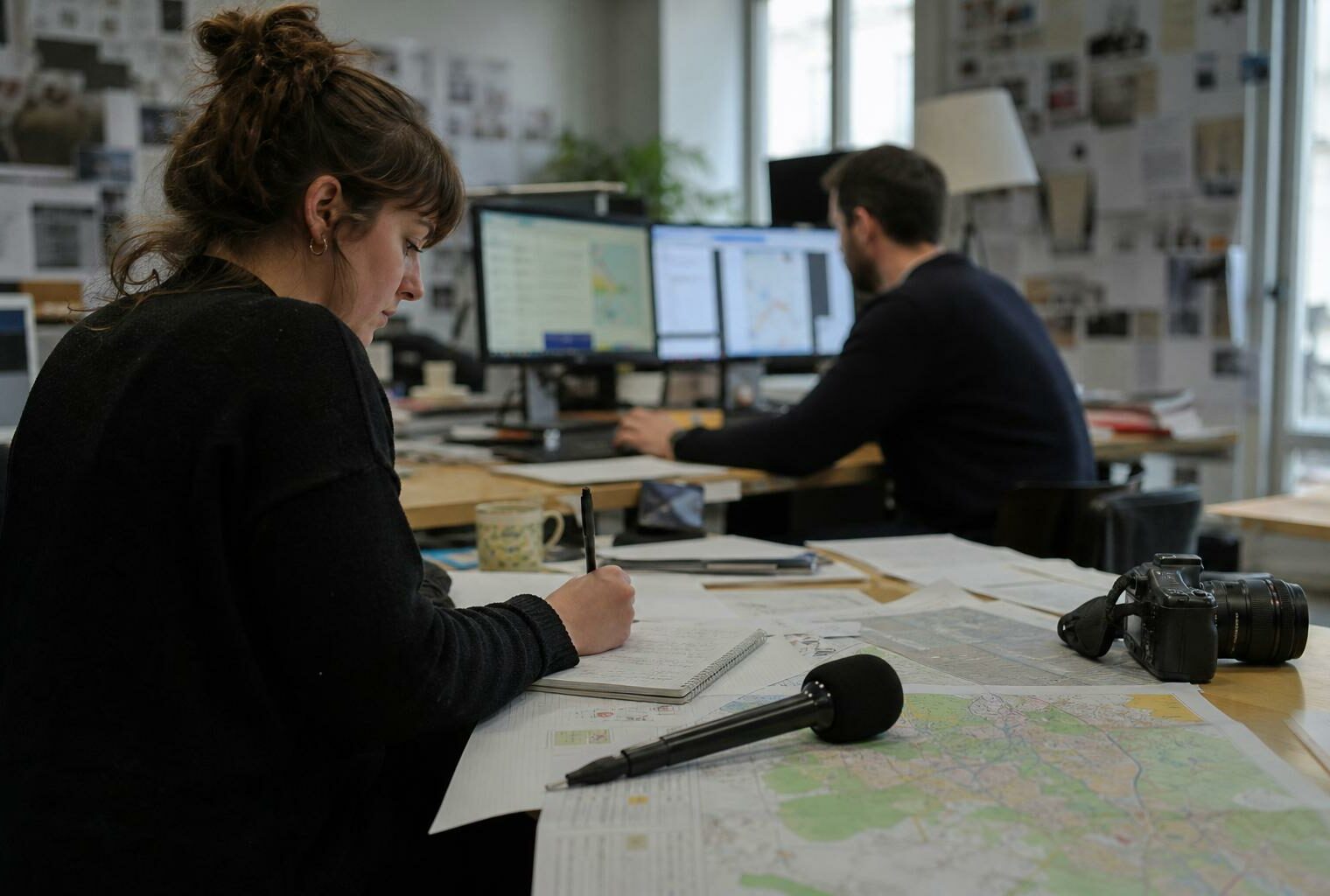 Journalistes dans une rédaction locale préparant un sujet territorial, avec carnet, micro et carte papier floue.