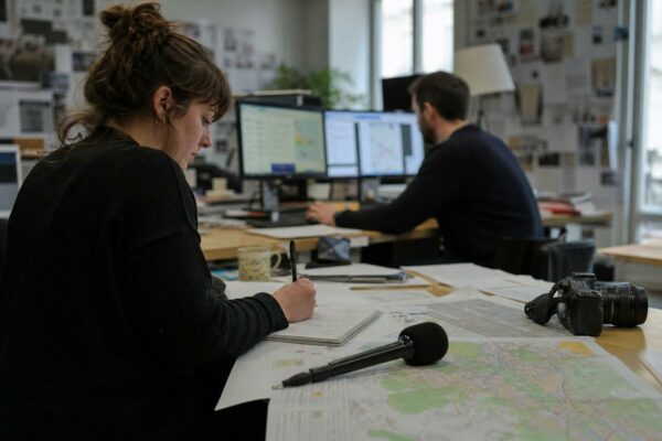 Journalistes dans une rédaction locale préparant un sujet territorial, avec carnet, micro et carte papier floue.