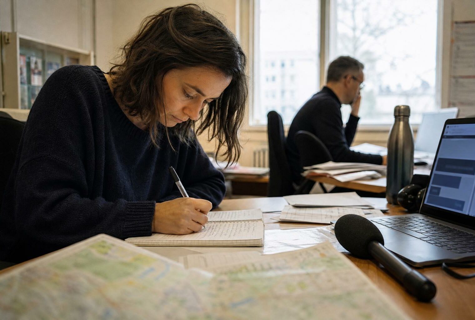 Un journaliste prépare un sujet sur l’encadrement des loyers dans une rédaction locale lumineuse.