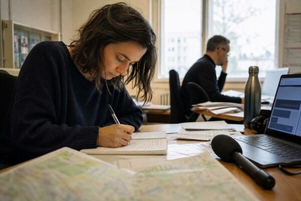 Un journaliste prépare un sujet sur l’encadrement des loyers dans une rédaction locale lumineuse.