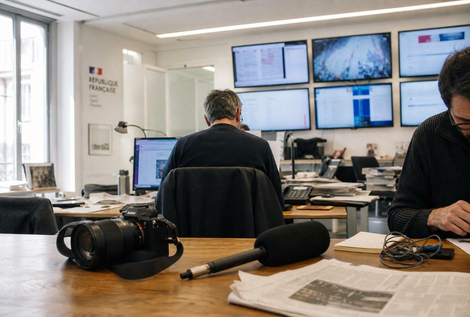Dans une rédaction parisienne, un journaliste prépare du matériel de presse devant des écrans flous et un micro.