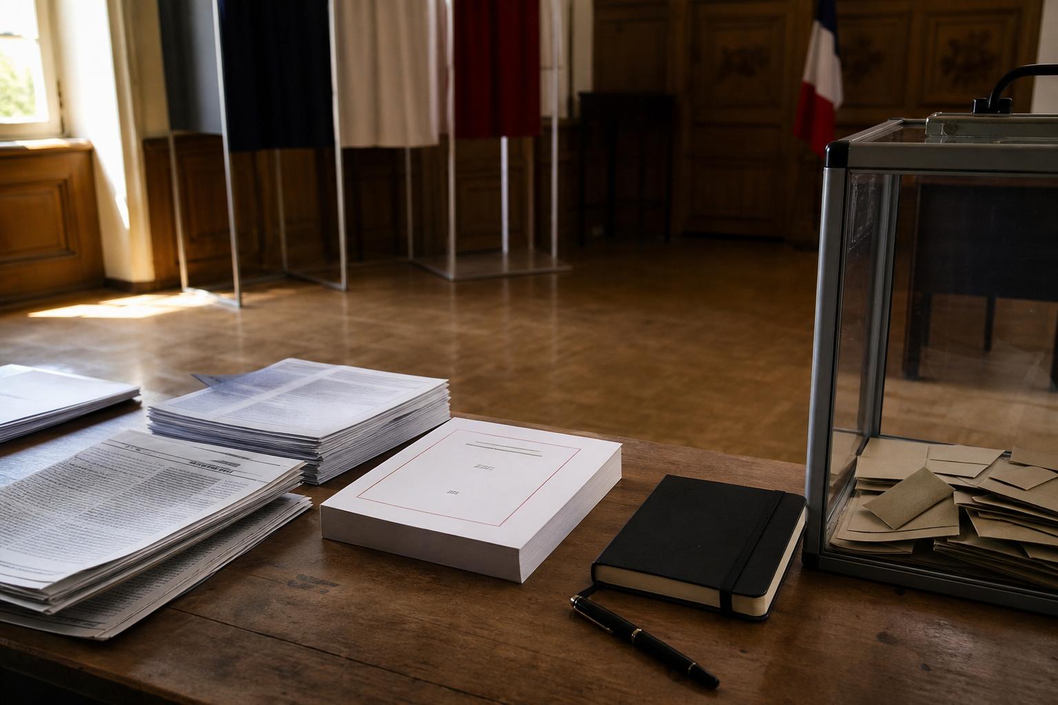 Photo de presse d’un livre politique réédité sur une table avec bulletins et urne dans un bureau de vote français
